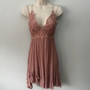 Free People One Slip Dress Womens XS Dusty Pink Adella Babydoll Lace Coquette
